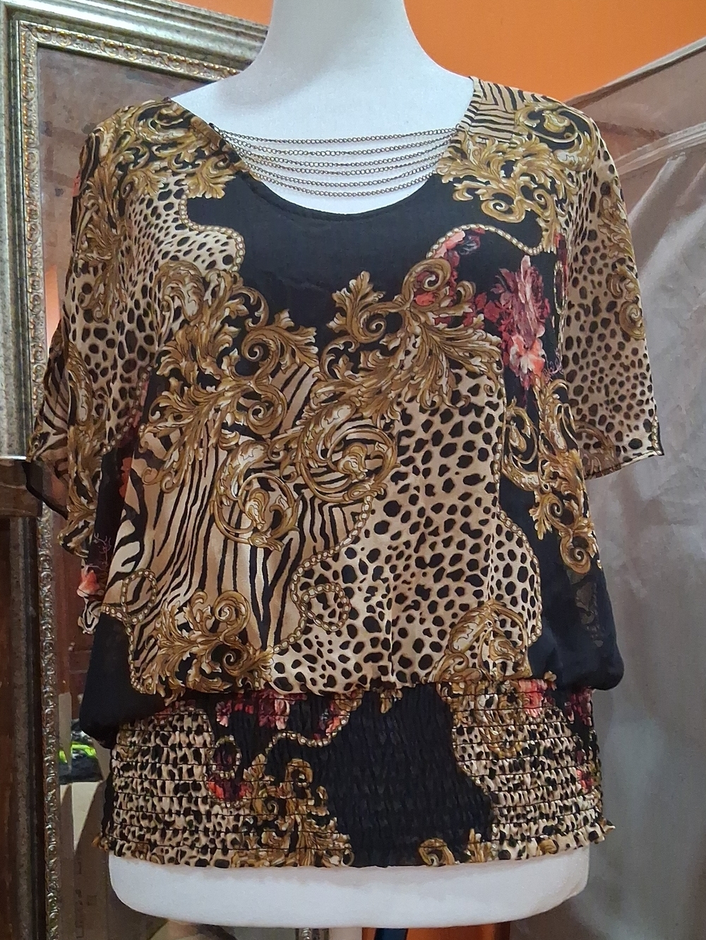 Thalia Sodi Black and Gold Baroque Animal Print Blouse